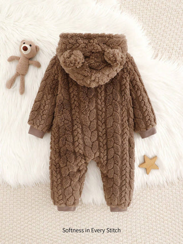 Young Girls Cute Ear Design Hooded Plush Lining Jumpsuit, Cozy & Warm For Daily Home Wear, Girls
