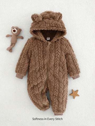 Young Girls Cute Ear Design Hooded Plush Lining Jumpsuit, Cozy & Warm For Daily Home Wear, Girls