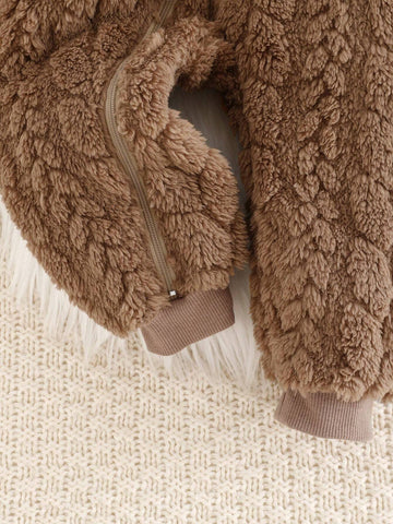 Young Girls Cute Ear Design Hooded Plush Lining Jumpsuit, Cozy & Warm For Daily Home Wear, Girls