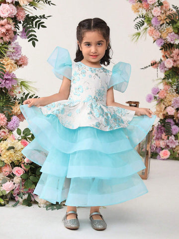 Young Girls' Cute Floral Jacquard Patchwork Organza Ruffle Layered Dress