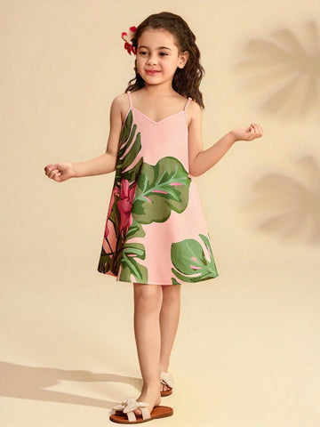 Young Girl's Cute Floral Print Spaghetti Strap Summer Vacation Dress