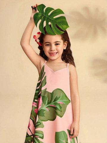 Young Girl's Cute Floral Print Spaghetti Strap Summer Vacation Dress