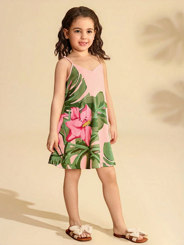 Young Girl's Cute Floral Print Spaghetti Strap Summer Vacation Dress