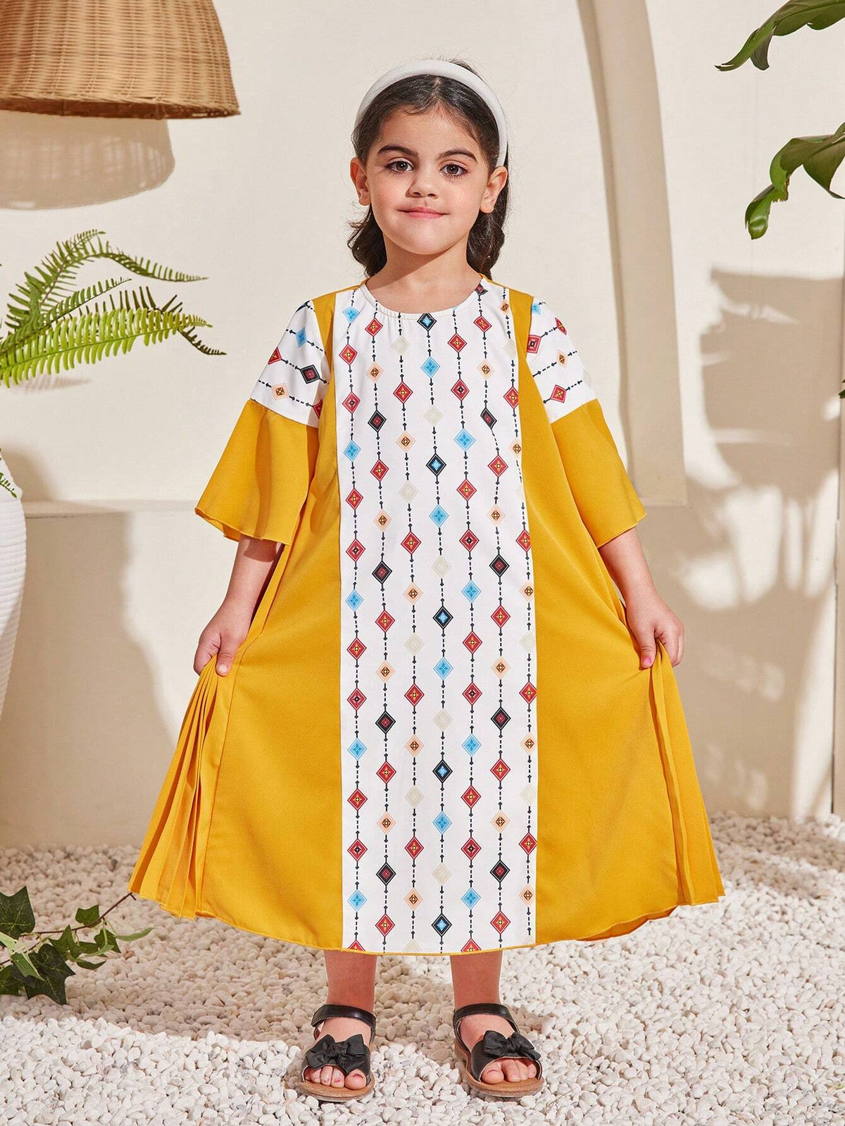 Young Girls' Cute Geometric Printed Color-Block Patchwork Pleated Dress