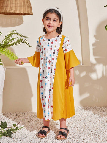 Young Girls' Cute Geometric Printed Color-Block Patchwork Pleated Dress