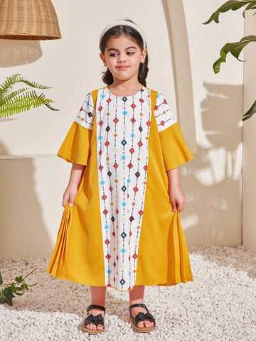 Young Girls' Cute Geometric Printed Color-Block Patchwork Pleated Dress