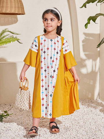 Young Girls' Cute Geometric Printed Color-Block Patchwork Pleated Dress