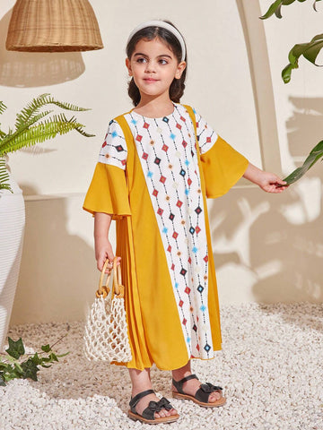 Young Girls' Cute Geometric Printed Color-Block Patchwork Pleated Dress