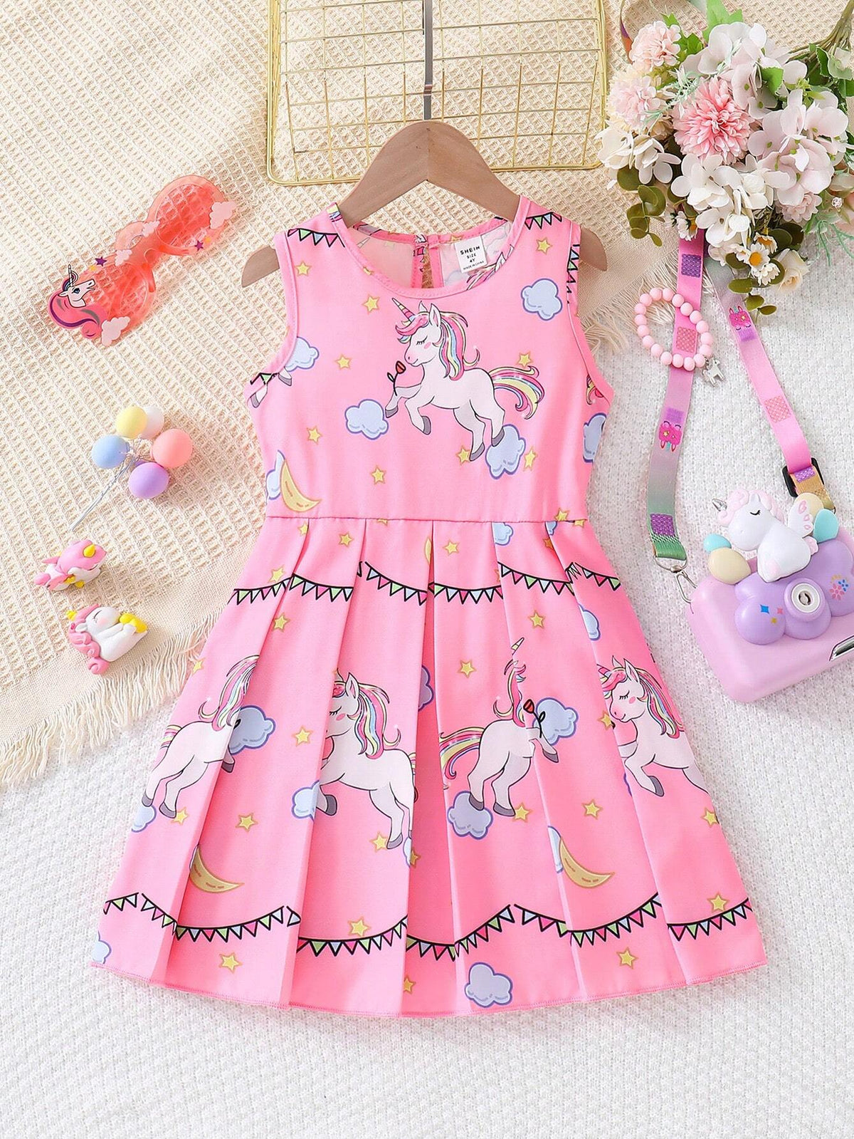 Young Girl's Cute Pink Sleeveless Unicorn Print Dress With Pleated Hem