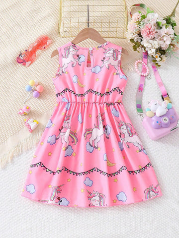Young Girl's Cute Pink Sleeveless Unicorn Print Dress With Pleated Hem