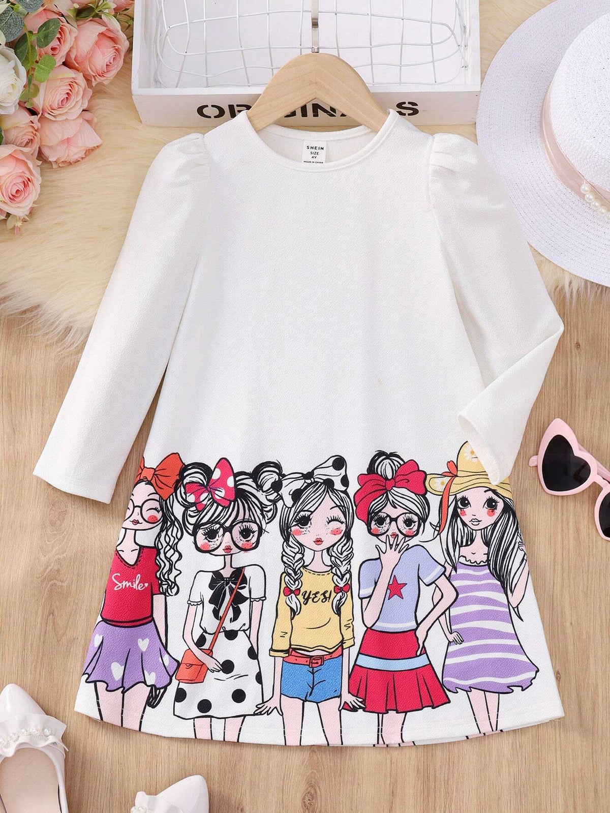 Young Girl's Cute Printed Round Neck Long Sleeve A-Line Knee-Length Dress With Ruffle Hem