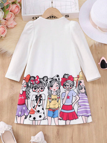 Young Girl's Cute Printed Round Neck Long Sleeve A-Line Knee-Length Dress With Ruffle Hem