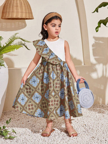 Young Girls' Cute Round Neck Sleeveless Ruffle Hem Midi Dress