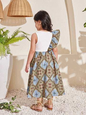 Young Girls' Cute Round Neck Sleeveless Ruffle Hem Midi Dress