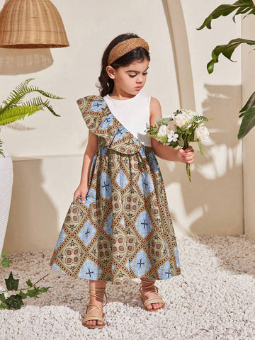 Young Girls' Cute Round Neck Sleeveless Ruffle Hem Midi Dress