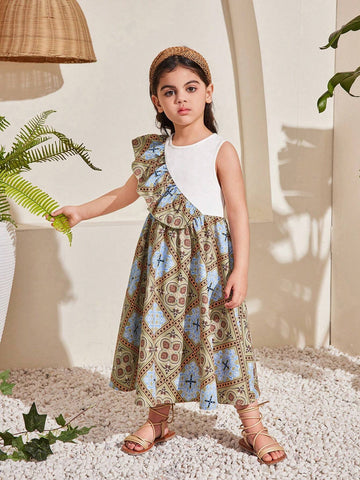 Young Girls' Cute Round Neck Sleeveless Ruffle Hem Midi Dress