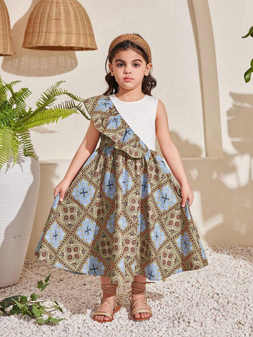 Young Girls' Cute Round Neck Sleeveless Ruffle Hem Midi Dress