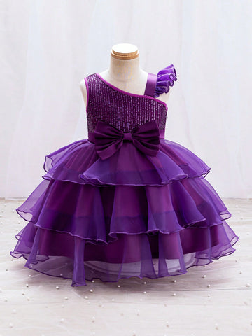 Young Girl's Cute Wedding Flower Girl Asymmetric Shoulder Pearl Sequin & Mesh Tulle Dress