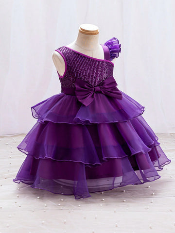 Young Girl's Cute Wedding Flower Girl Asymmetric Shoulder Pearl Sequin & Mesh Tulle Dress