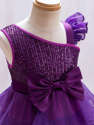 Young Girl's Cute Wedding Flower Girl Asymmetric Shoulder Pearl Sequin & Mesh Tulle Dress