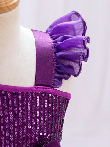 Young Girl's Cute Wedding Flower Girl Asymmetric Shoulder Pearl Sequin & Mesh Tulle Dress