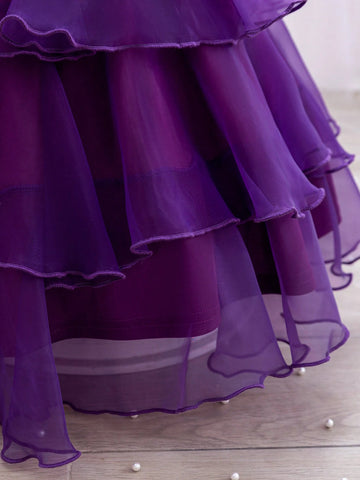 Young Girl's Cute Wedding Flower Girl Asymmetric Shoulder Pearl Sequin & Mesh Tulle Dress