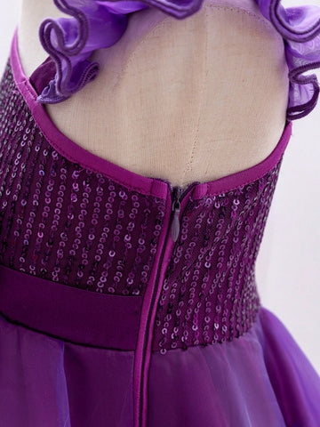 Young Girl's Cute Wedding Flower Girl Asymmetric Shoulder Pearl Sequin & Mesh Tulle Dress