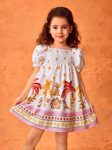 Young Girls' Cute & Elegant Floral Print Puff Sleeve Casual Dress