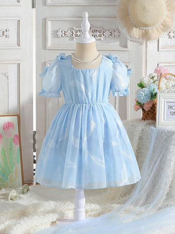 Young Girls' Cutout Texture Bowknot Decorated Dress For Spring/Summer