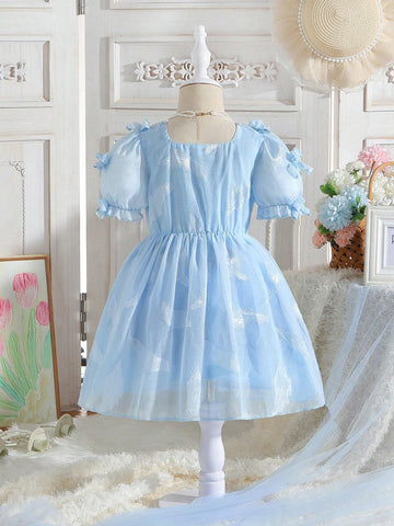 Young Girls' Cutout Texture Bowknot Decorated Dress For Spring/Summer