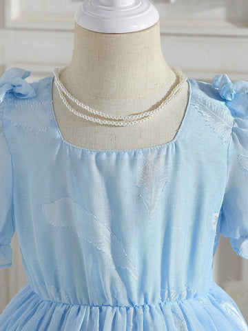 Young Girls' Cutout Texture Bowknot Decorated Dress For Spring/Summer