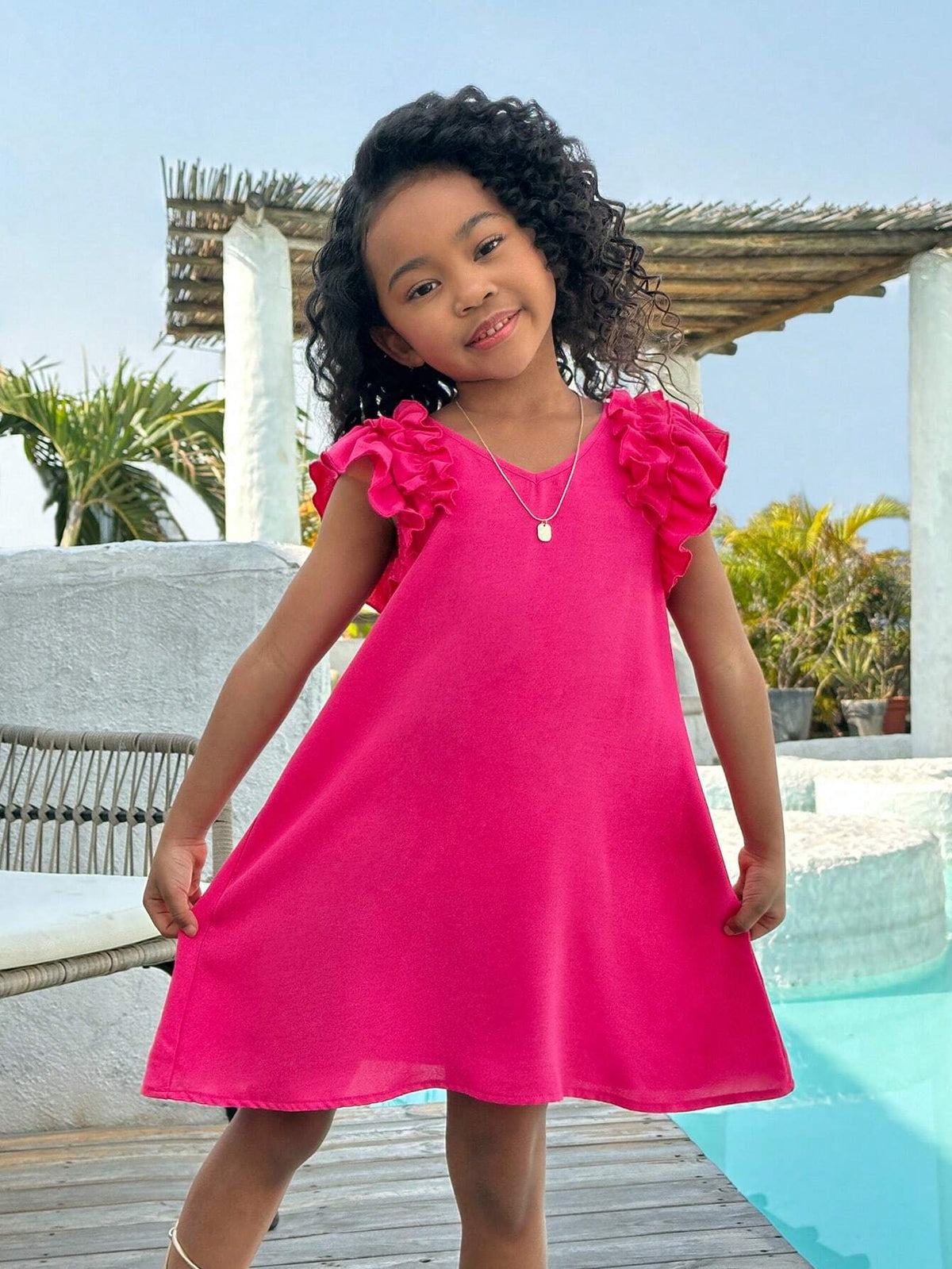 Young Girl's Daily Casual Solid Color Woven Flying Sleeve A-Line Dress