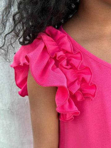 Young Girl's Daily Casual Solid Color Woven Flying Sleeve A-Line Dress