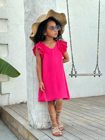 Young Girl's Daily Casual Solid Color Woven Flying Sleeve A-Line Dress