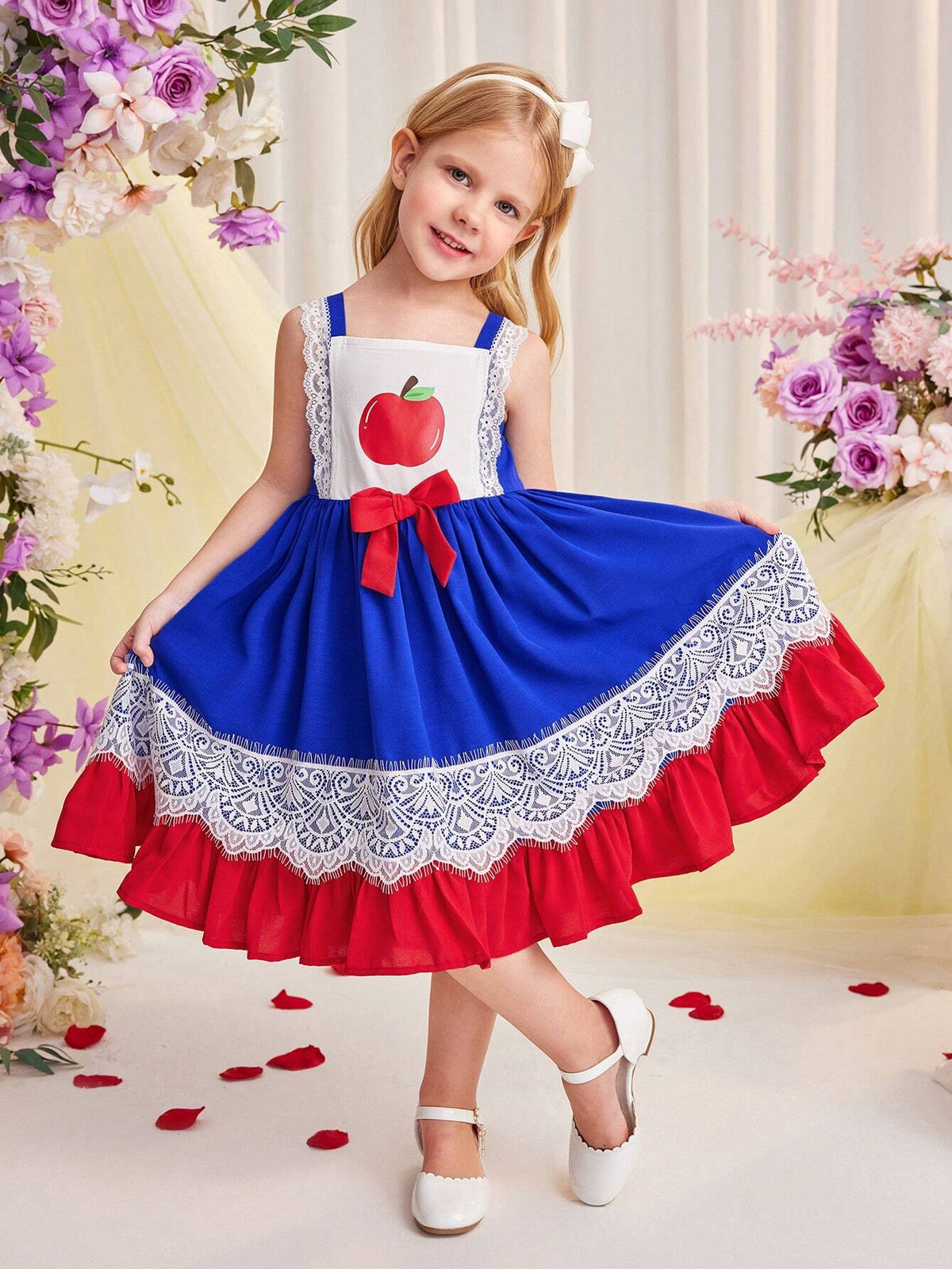 Young Girl's Daily Casual Spaghetti Strap Lace Hem Woven Patchwork Color Block Dress For Spring And Summer