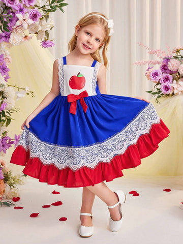 Young Girl's Daily Casual Spaghetti Strap Lace Hem Woven Patchwork Color Block Dress For Spring And Summer