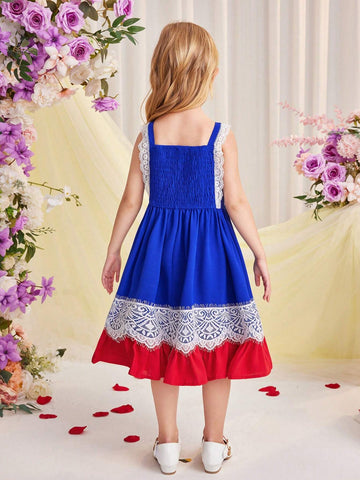 Young Girl's Daily Casual Spaghetti Strap Lace Hem Woven Patchwork Color Block Dress For Spring And Summer