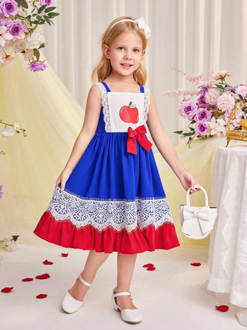 Young Girl's Daily Casual Spaghetti Strap Lace Hem Woven Patchwork Color Block Dress For Spring And Summer