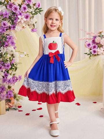 Young Girl's Daily Casual Spaghetti Strap Lace Hem Woven Patchwork Color Block Dress For Spring And Summer