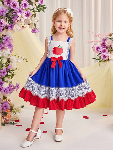 Young Girl's Daily Casual Spaghetti Strap Lace Hem Woven Patchwork Color Block Dress For Spring And Summer