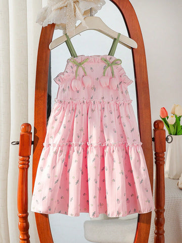 Young Girls Digital Printing Floral Decor Sleeveless A-Line Dress, Casual Summer Beachwear Party Outfits