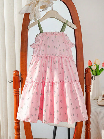 Young Girls Digital Printing Floral Decor Sleeveless A-Line Dress, Casual Summer Beachwear Party Outfits