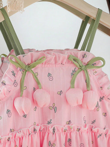 Young Girls Digital Printing Floral Decor Sleeveless A-Line Dress, Casual Summer Beachwear Party Outfits
