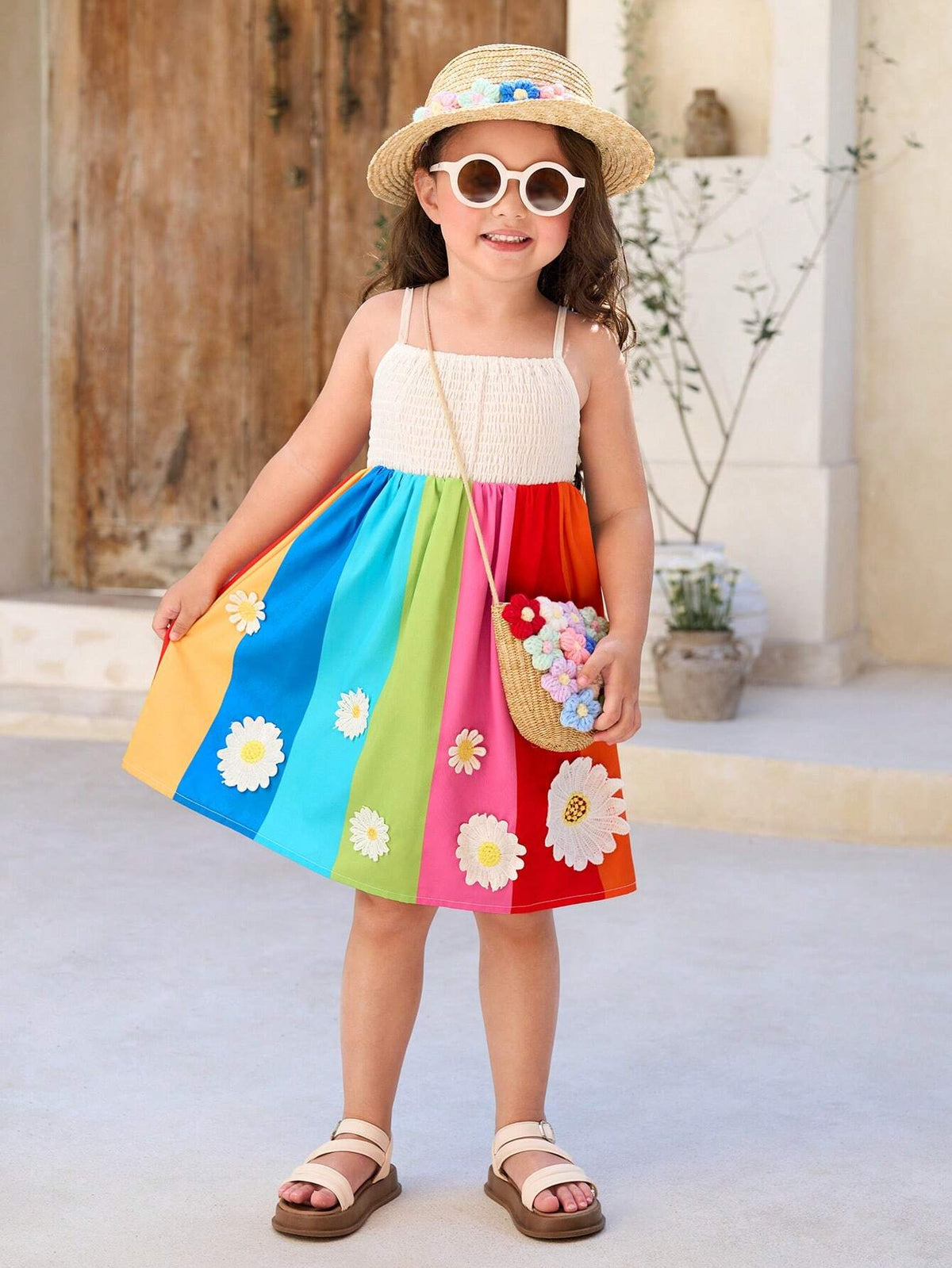 Young Girl's Dopamine Rainbow Striped Stud 3D Flower Holiday Cami Dress