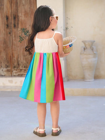 Young Girl's Dopamine Rainbow Striped Stud 3D Flower Holiday Cami Dress
