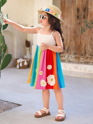Young Girl's Dopamine Rainbow Striped Stud 3D Flower Holiday Cami Dress