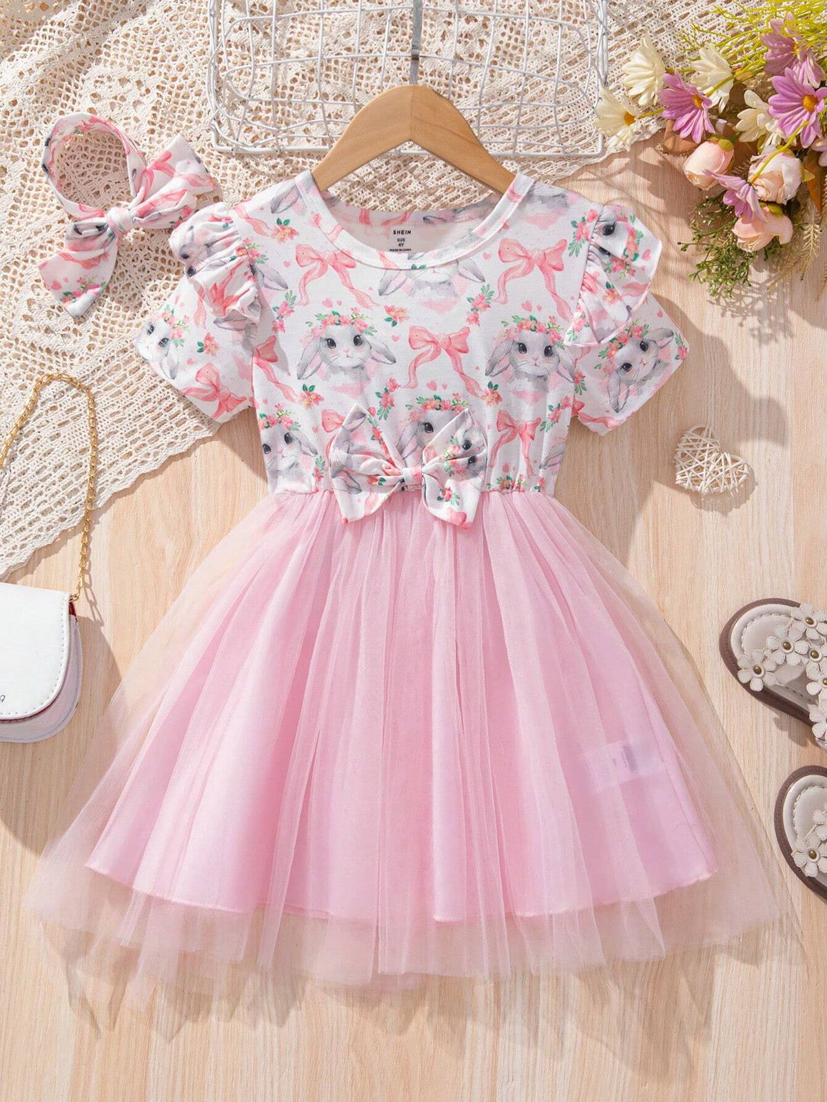 Young Girls' Easter Bunny Printed Mesh Princess Dress With Hairband For Summer