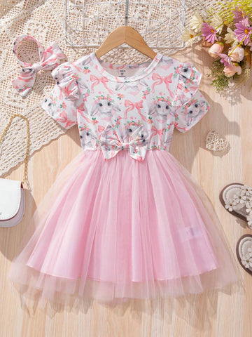 Young Girls' Easter Bunny Printed Mesh Princess Dress With Hairband For Summer
