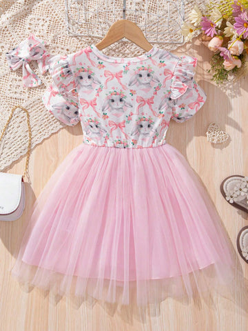 Young Girls' Easter Bunny Printed Mesh Princess Dress With Hairband For Summer