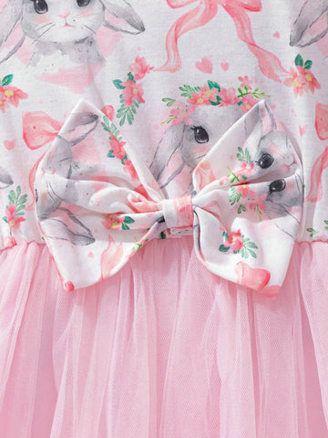Young Girls' Easter Bunny Printed Mesh Princess Dress With Hairband For Summer
